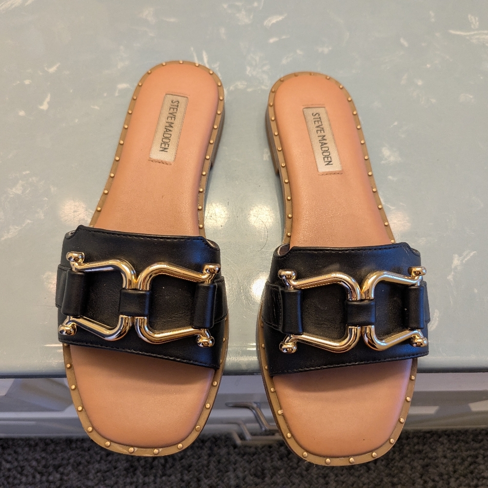 Steve Madden Black Leather Slide Sandals with Gold Buckle Detail
